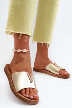 Klapki Damskie Na Płaskiej Podeszwie Z Ozdobą Eko Skórzane Złote Makia