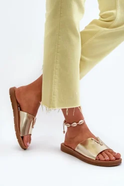 Klapki Damskie Na Płaskiej Podeszwie Z Ozdobą Eko Skórzane Złote Makia