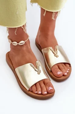 Klapki Damskie Na Płaskiej Podeszwie Z Ozdobą Eko Skórzane Złote Makia