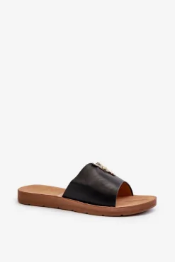 Klapki Damskie Na Płaskiej Podeszwie Z Ozdobą Eko Skórzane Czarne Makia