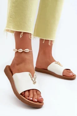 Klapki Damskie Na Płaskiej Podeszwie Z Ozdobą Eko Skórzane Białe Makia