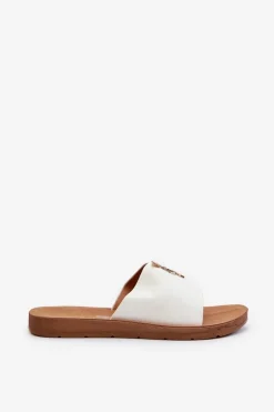 Klapki Damskie Na Płaskiej Podeszwie Z Ozdobą Eko Skórzane Białe Makia