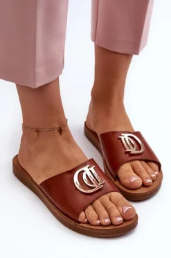 Klapki Damskie Na Płaskiej Podeszwie Z Ozdobą Brązowe Amoonia