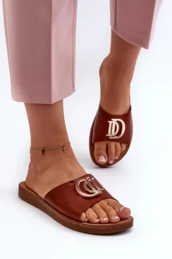 Klapki Damskie Na Płaskiej Podeszwie Z Ozdobą Brązowe Amoonia