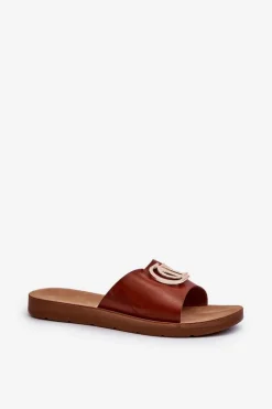 Klapki Damskie Na Płaskiej Podeszwie Z Ozdobą Brązowe Amoonia