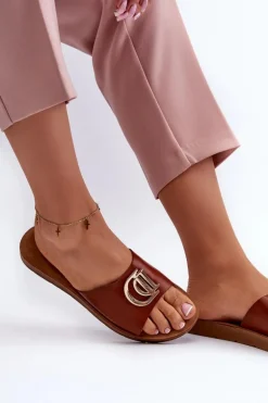 Klapki Damskie Na Płaskiej Podeszwie Z Ozdobą Brązowe Amoonia