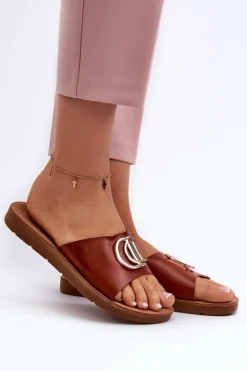 Klapki Damskie Na Płaskiej Podeszwie Z Ozdobą Brązowe Amoonia