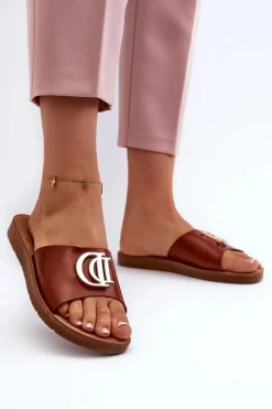 Klapki Damskie Na Płaskiej Podeszwie Z Ozdobą Brązowe Amoonia