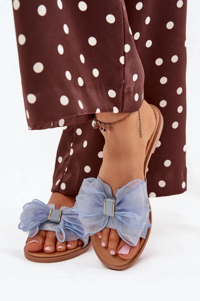 Klapki Damskie Na Płaskim Obcasie Z Tiulową Kokardą Jeansowe Tanira