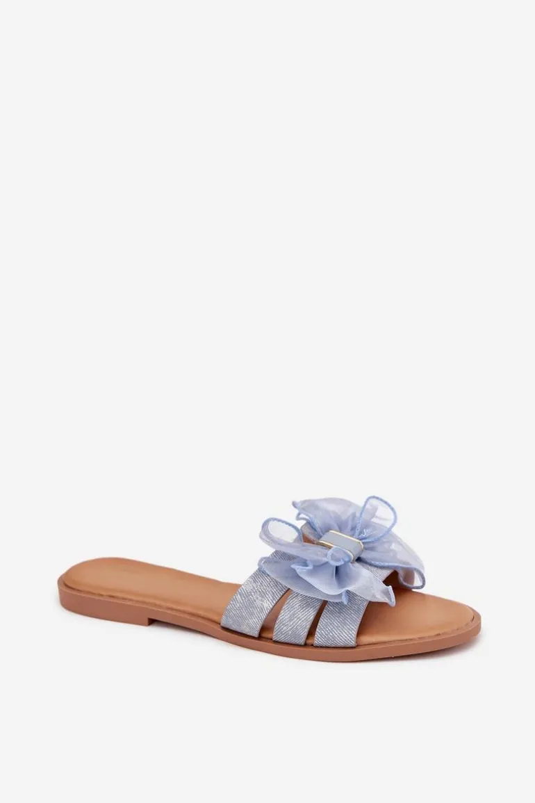 Klapki Damskie Na Płaskim Obcasie Z Tiulową Kokardą Jeansowe Tanira