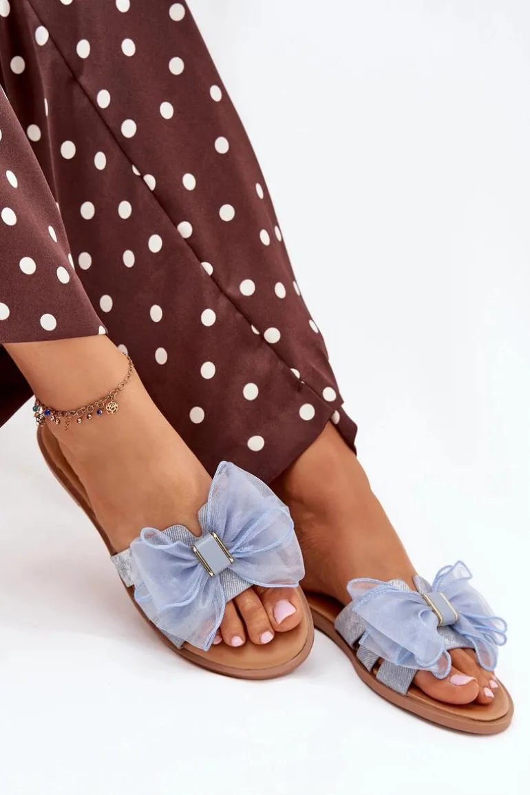 Klapki Damskie Na Płaskim Obcasie Z Tiulową Kokardą Jeansowe Tanira