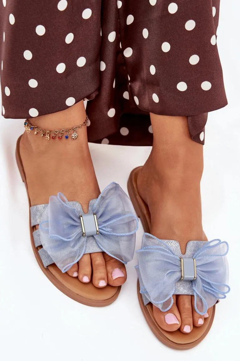 Klapki Damskie Na Płaskim Obcasie Z Tiulową Kokardą Jeansowe Tanira