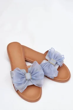 Klapki Damskie Na Płaskim Obcasie Z Tiulową Kokardą Jeansowe Tanira