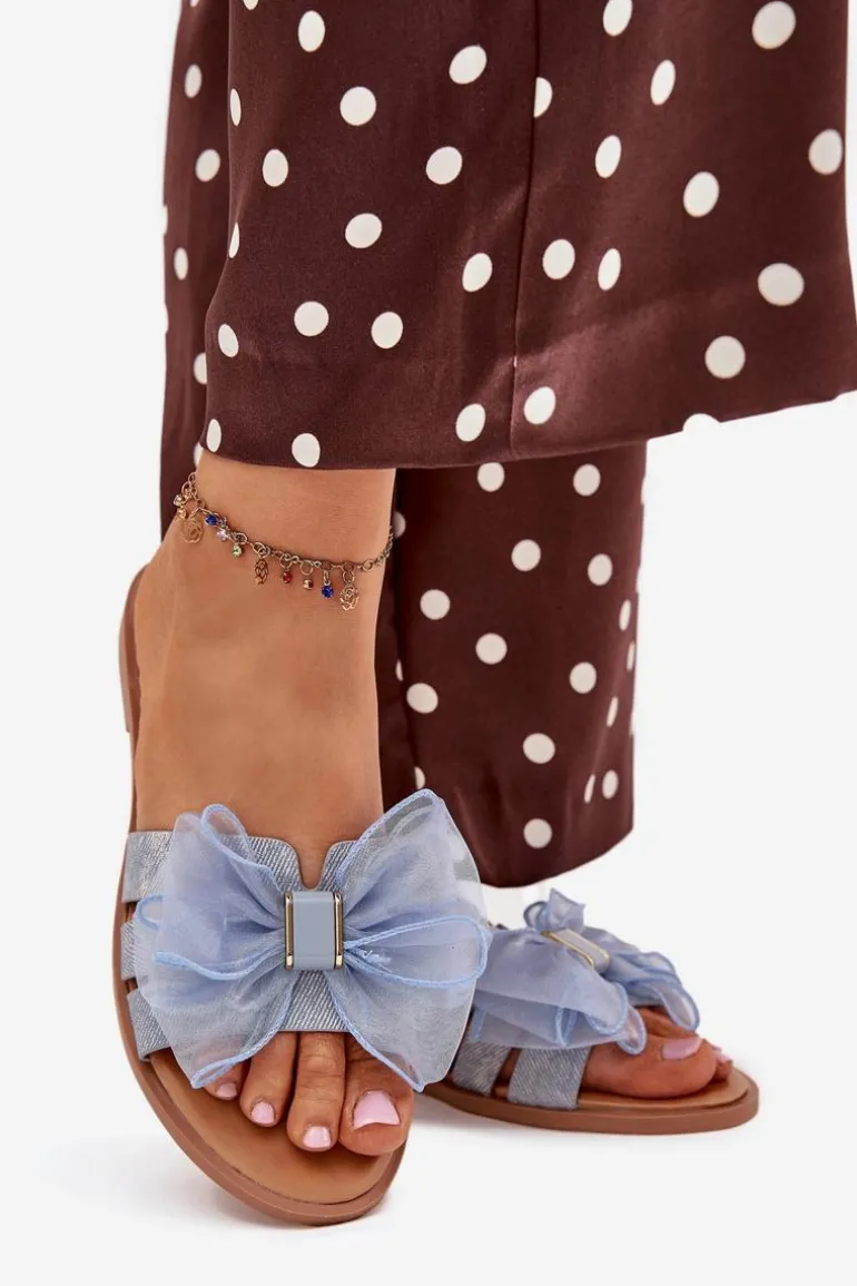 Klapki Damskie Na Płaskim Obcasie Z Tiulową Kokardą Jeansowe Tanira