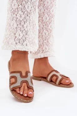 Klapki Damskie Na Płaskim Obcasie Brązowe Vereya