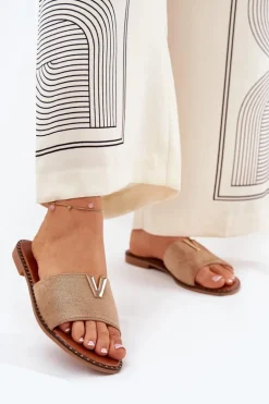 Klapki Damskie Na Płaskim Obcasie Z Ozdobnymi Detalami Khaki Saliena