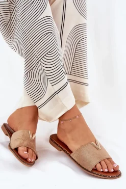 Klapki Damskie Na Płaskim Obcasie Z Ozdobnymi Detalami Khaki Saliena