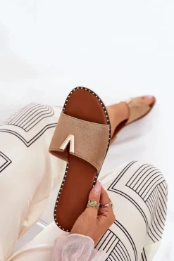 Klapki Damskie Na Płaskim Obcasie Z Ozdobnymi Detalami Khaki Saliena