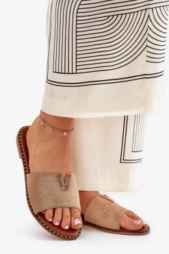 Klapki Damskie Na Płaskim Obcasie Z Ozdobnymi Detalami Khaki Saliena