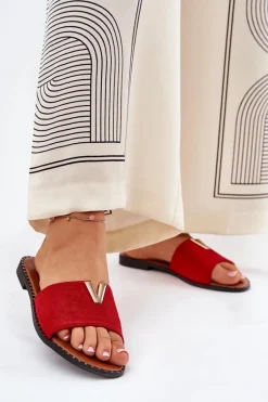 Klapki Damskie Na Płaskim Obcasie Z Ozdobnymi Detalami Czerwone Saliena