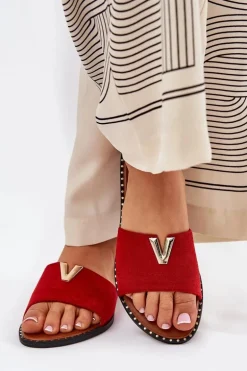 Klapki Damskie Na Płaskim Obcasie Z Ozdobnymi Detalami Czerwone Saliena