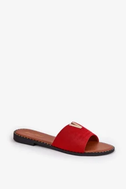 Klapki Damskie Na Płaskim Obcasie Z Ozdobnymi Detalami Czerwone Saliena