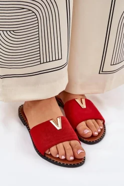 Klapki Damskie Na Płaskim Obcasie Z Ozdobnymi Detalami Czerwone Saliena