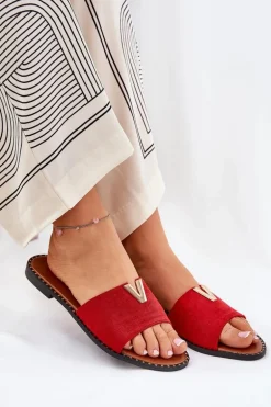 Klapki Damskie Na Płaskim Obcasie Z Ozdobnymi Detalami Czerwone Saliena