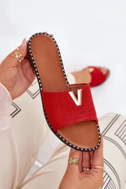 Klapki Damskie Na Płaskim Obcasie Z Ozdobnymi Detalami Czerwone Saliena