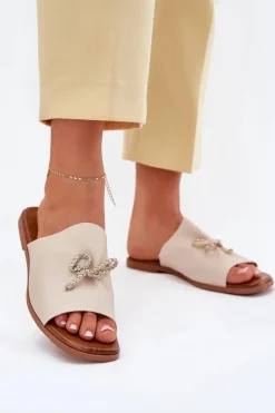 Klapki Damskie Na Płaskim Obcasie Z Ozdobnym Wiązaniem Beżowe Norela