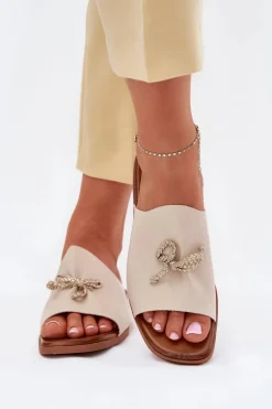 Klapki Damskie Na Płaskim Obcasie Z Ozdobnym Wiązaniem Beżowe Norela