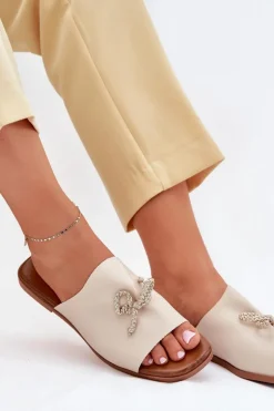 Klapki Damskie Na Płaskim Obcasie Z Ozdobnym Wiązaniem Beżowe Norela