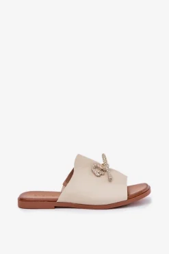 Klapki Damskie Na Płaskim Obcasie Z Ozdobnym Wiązaniem Beżowe Norela