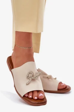 Klapki Damskie Na Płaskim Obcasie Z Ozdobnym Wiązaniem Beżowe Norela