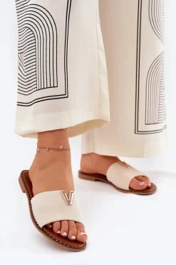 Klapki Damskie Na Płaskim Obcasie Z Ozdobnymi Detalami Beżowe Saliena