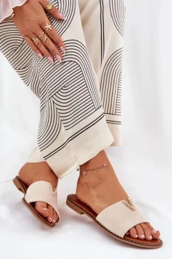 Klapki Damskie Na Płaskim Obcasie Z Ozdobnymi Detalami Beżowe Saliena