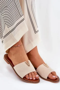 Klapki Damskie Na Płaskim Obcasie Z Ozdobnymi Detalami Beżowe Saliena