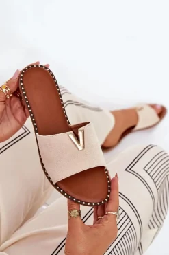 Klapki Damskie Na Płaskim Obcasie Z Ozdobnymi Detalami Beżowe Saliena