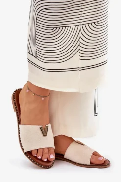 Klapki Damskie Na Płaskim Obcasie Z Ozdobnymi Detalami Beżowe Saliena