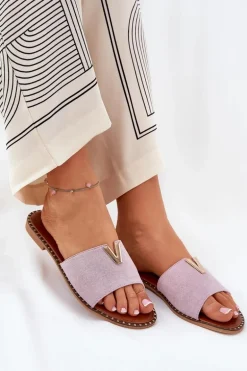 Klapki Damskie Na Płaskim Obcasie Z Ozdobnymi Detalami Fioletowe Saliena