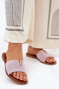 Klapki Damskie Na Płaskim Obcasie Z Ozdobnymi Detalami Fioletowe Saliena