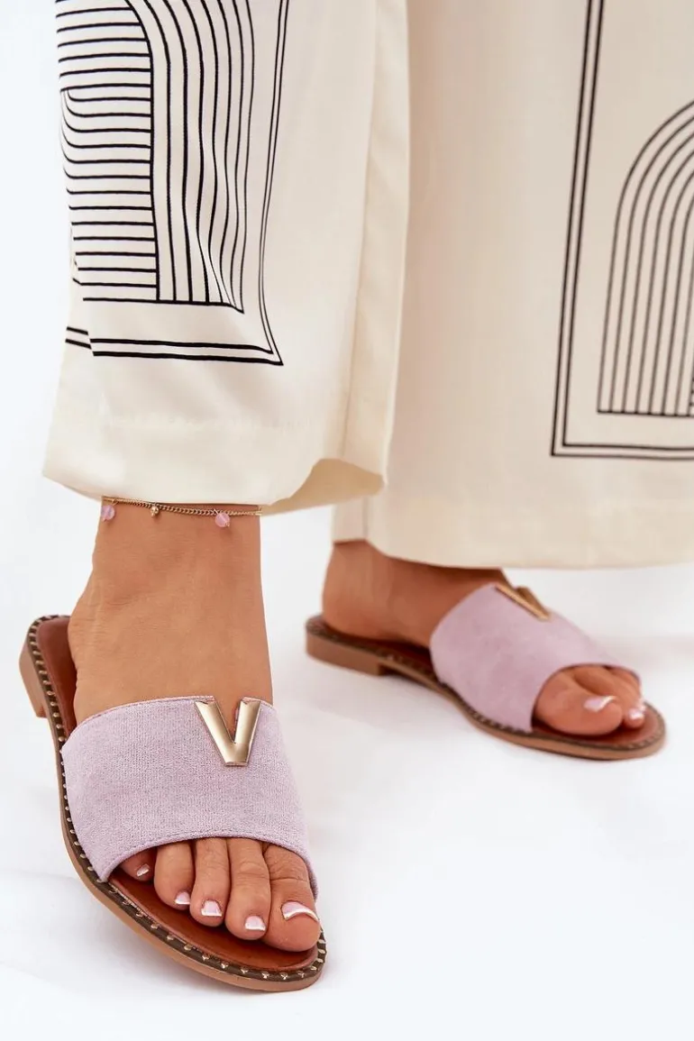 Klapki Damskie Na Płaskim Obcasie Z Ozdobnymi Detalami Fioletowe Saliena