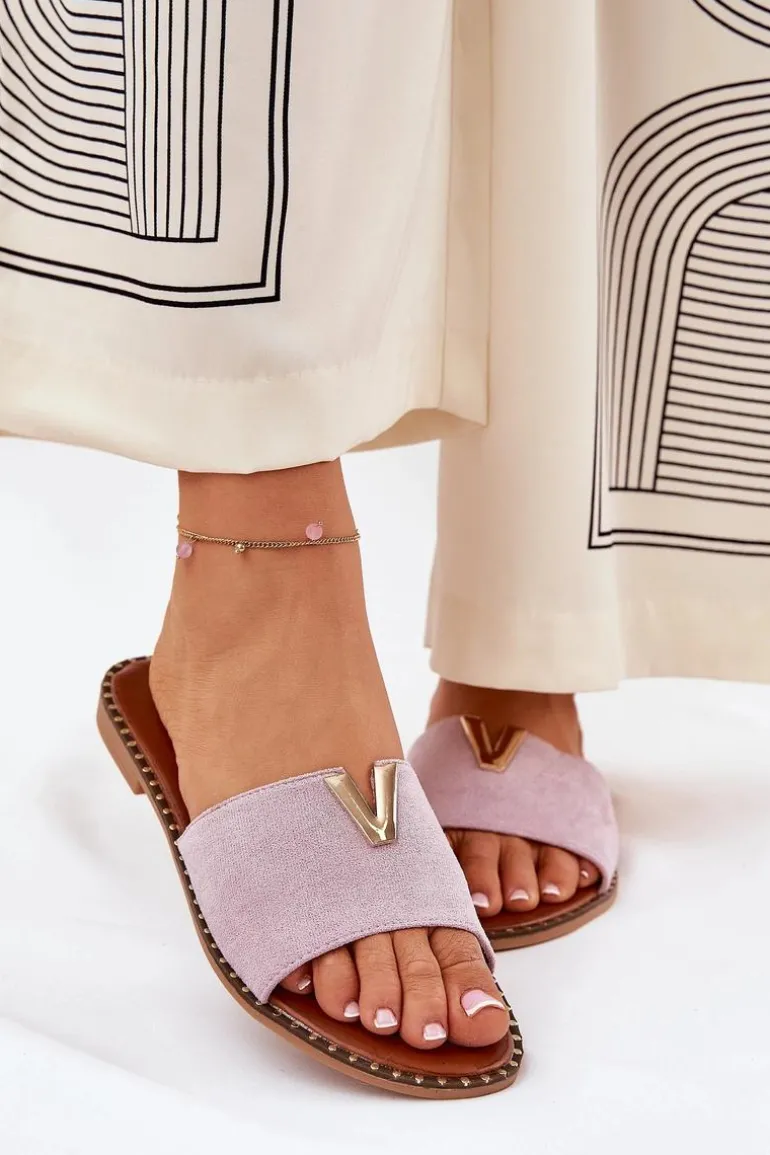 Klapki Damskie Na Płaskim Obcasie Z Ozdobnymi Detalami Fioletowe Saliena