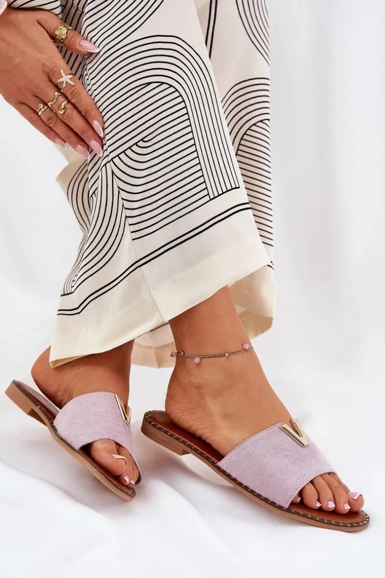 Klapki Damskie Na Płaskim Obcasie Z Ozdobnymi Detalami Fioletowe Saliena