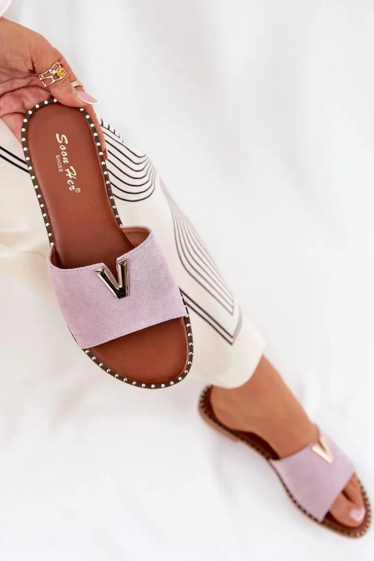 Klapki Damskie Na Płaskim Obcasie Z Ozdobnymi Detalami Fioletowe Saliena