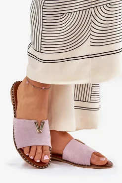 Klapki Damskie Na Płaskim Obcasie Z Ozdobnymi Detalami Fioletowe Saliena