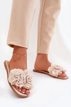 Klapki Damskie Na Płaskim Obcasie Z Ozdobnymi Kwiatami Beżowe Misorsse