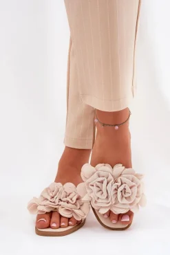 Klapki Damskie Na Płaskim Obcasie Z Ozdobnymi Kwiatami Beżowe Misorsse