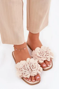 Klapki Damskie Na Płaskim Obcasie Z Ozdobnymi Kwiatami Beżowe Misorsse