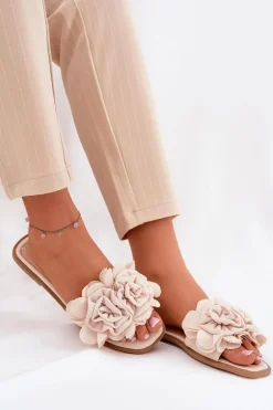 Klapki Damskie Na Płaskim Obcasie Z Ozdobnymi Kwiatami Beżowe Misorsse